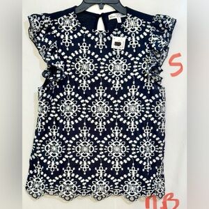 Stem White and Blue Ruffled Flutter Sleeve Blouse